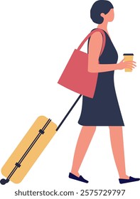 Businesswoman walking with rolling suitcase and holding takeaway coffee at airport terminal, side view of female passenger going to boarding gate, business trip concept