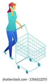 Businesswoman walking with shopping cart and talking on phone, tiny people isometric 3D illustration. Supermarket shopper, retail customer, shopping online concept. Isolated on white background.