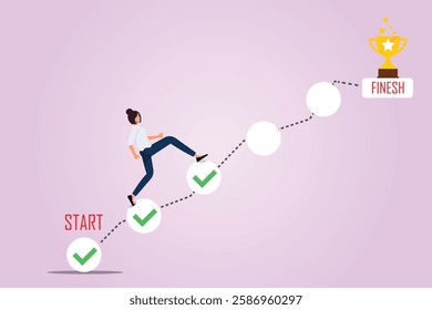 Businesswoman Walking from a Small Goal to Another Big Goal and Achieved Success: Vector Illustration