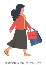 A businesswoman walking. A smartly dressed businesswoman. A woman with shopping bags. A shopping girl. A woman wearing bright clothes.