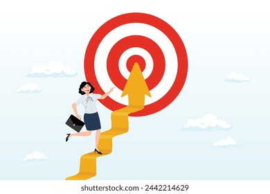 Businesswoman walking up stair with arrow as path to reach goal, reach target or progress to reach goal, career step to success, achievement or growth, challenge and motivation to succeed (Vector)