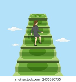 Businesswoman walking up the stair made of money banknote. Flat, Poster, Vector, Illustration, Cartoon, EPS10. 