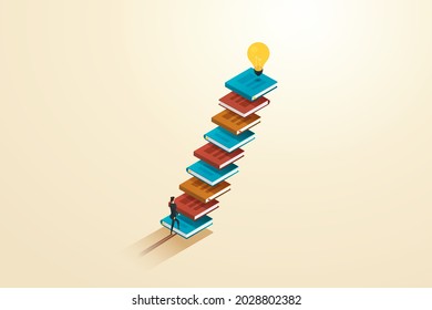 Businesswoman walking up stairs books there is a light bulb on top. Step up the ladder to success through self-improvement. and progress in the work career and education. Vector illustration.