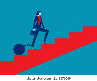 Mujer de negocios camina escaleras arriba con péndulo ponderado. Concepto de ilustración de vector de negocio