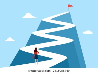 Businesswoman walking to the success flag on top of the mountain. Route to success. Leadership concept.