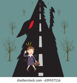 Businesswoman walking to a trap devil wolf sharp teeth, vector illustration cartoon