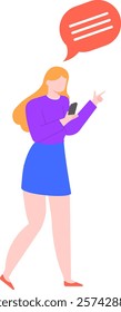 Businesswoman walking and using smartphone with speech bubble showing message, sending or receiving text message, online chat, social media notification, mobile application, communication concept