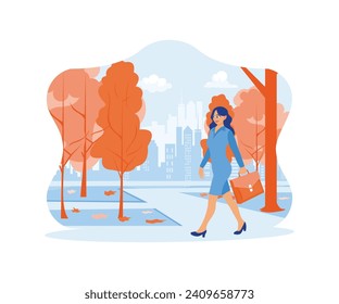 A businesswoman walks in a city park with a briefcase. Women walking in the afternoon after coming home from work. Urban panorama with pedestrians concept. trend modern flat vector illustration