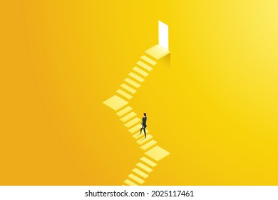 Businesswoman walks up the stairs leading to a step-by-step illuminated door symbolizing advancement, promotion. and career growth. Vector illustration.