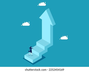 Businesswoman walks up the stairs to the sky. future growth vector illustration