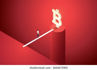 Businesswoman Walks To A Wooden Bridge On The Edge Of A Cliff With Of Giant Bitcoin Token. Concept Investing On Cryptocurrency Risk, Volatility. Isometric Vector Illustration.