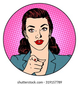 Businesswoman wants in the circle business concept. Retro style pop art