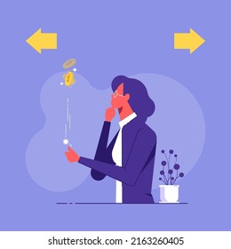 Businesswoman wants to take a decision and tossing coin, decision making by chance with coin, decision making concept svg