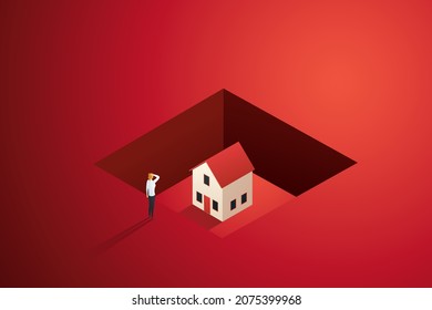 Businesswoman watching a house sunk in the gap. The real estate market is in a recession. Home prices fell in the real estate and real estate market crash. isometric illustration vector.