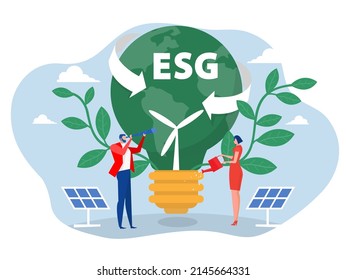 businesswoman water the plants  on Earth in shape of lightbulb lamp with ecology problem ESG  renewable, green, safe and long term source concept vector illustration. 
