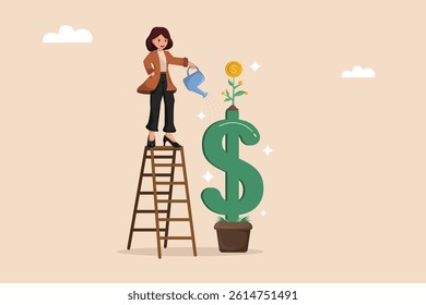Businesswoman Watering Dollar Sign Plant Symbolizing Investment and Financial Growth.
