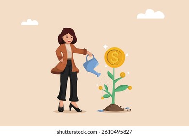 Businesswoman Watering a Growing Money Plant with Dollar Coin Flowers, Symbolizing Financial Growth and Investment.