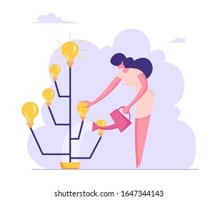 Businesswoman Watering Idea Tree with Glowing Light Bulbs on Branches. Startup Creative Project Bringing Financial Money Success, Brainstorm Insight Harvesting Process. Cartoon Vector Illustration