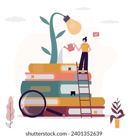 Businesswoman watering light bulb tree on books. Learning, new knowledge to create innovations, development of intellect or logic to search for new opportunities, achieve goals or success. flat vector