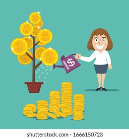 Businesswoman watering money tree, illustration vector cartoon