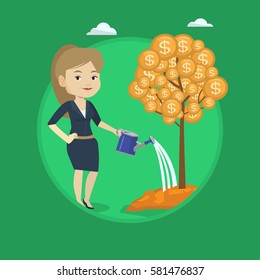 Businesswoman watering money tree. Businesswoman investing money in business project. Illustration of investment money in business. Vector flat design illustration in the circle isolated on background