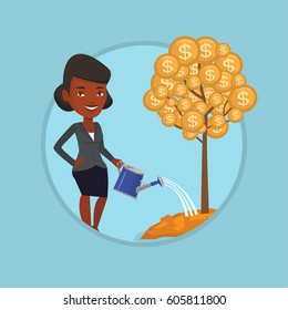 Businesswoman watering money tree. Businesswoman investing money in business project. Illustration of investment money in business. Vector flat design illustration in the circle isolated on background