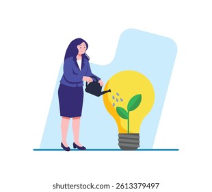 A businesswoman is watering a plant growing inside a lightbulb, symbolizing nurturing ideas and growth Perfect for business and creative concepts