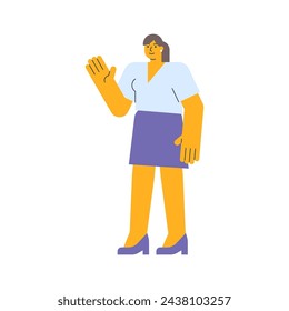 Businesswoman waves hand and smiling. Vector Illustration
