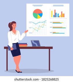 Businesswoman wearing blouse and skirt, holding folder in hand, gesturing, show financial plan, strategy, statistics at digital board, charts, graphics, diagram. Businesslady lean on table with laptop