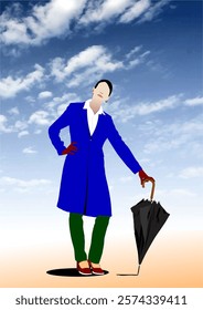 Businesswoman wearing blue coat and red gloves holding umbrella under cloudy sky