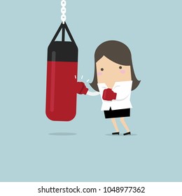 Businesswoman wearing boxing gloves and punching the punch bag. vector