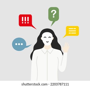 Businesswoman Wearing Fake Smiling Face Mask Hiding Real Emotion Talking. Liar, Hypocrite, Betrayal, Fraud Concepts. Flat Cartoon Character Vector Design Illustrations With Speech Bubble Background.