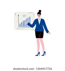 Businesswoman Wearing Formal Clothes Pointing at Whiteboard with Growth Graph at Presentation, Female Business Character Vector Illustration