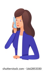 Businesswoman wearing formal suit and speaking mobile phone. Cartoon office worker character. Vector flat cutout illustration