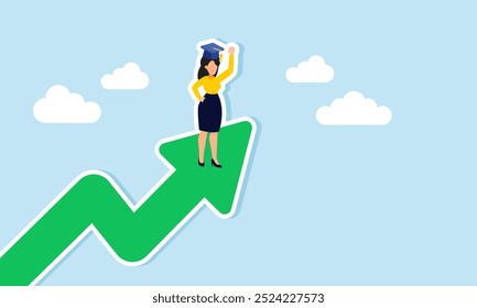 A businesswoman wearing a graduation cap at the tip of a green chart, illustrating the performance of a successful businessperson or academic in a positive trend.