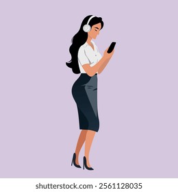 Businesswoman wearing headphones using smartphone. Flat illustration on a light purple background. Digital communication and multitasking concept.