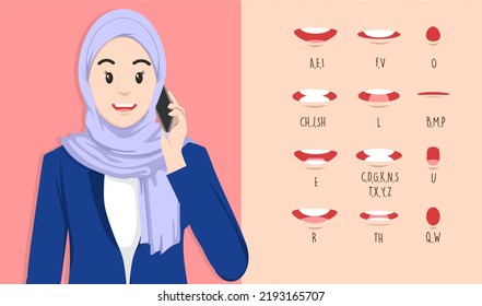 Businesswoman wearing hijab lip sync. Lip sync collection for animation. male mouth animation. Phoneme mouth chart. Alphabet pronunciation. Vector illustration.