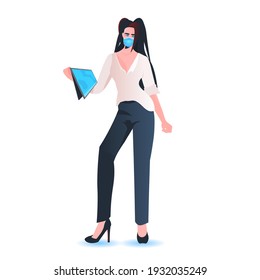 businesswoman wearing mask to prevent coronavirus pandemic successful business woman leader using tablet pc full length vector illustration