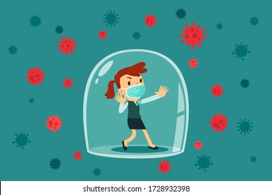 Businesswoman wearing medical mask inside glass dome surrounded by virus cells. Coronavirus pandemic concept.