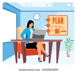 Businesswoman wearing professional attire sitting at her office desk with laptop, modern decoration and planning board, representing business planning, productivity and professional work environment. 