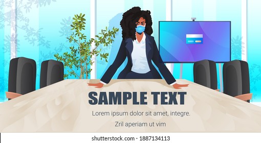 businesswoman wearing protective mask to prevent coronavirus african american business woman working in office covid-19 pandemic concept portrait horizontal copy space vector illustration