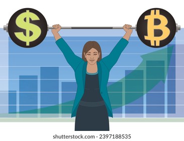 businesswoman weightlifting, holding up the weight of currency investment, dollars or bitcoin, with bar graph and arrow in background