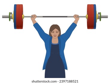 businesswoman weightlifting, lifting a weighted barbell over the head, isolated on white background