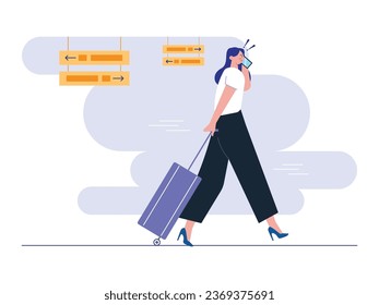 Una mujer de negocios con una camisa blanca caminando frenéticamente hacia el avión abordando, mientras cargaba una maleta y hacía una llamada telefónica. Diseño de caracteres. Ilustración plana del vector