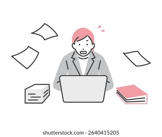 A businesswoman who is anxious because of a mountain of work.