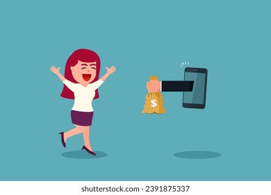 A businesswoman who is happy to receive money via mobile phone or online. Online business concept. Receiving money via social media. Happiness from salary or bonus. Vector illustration