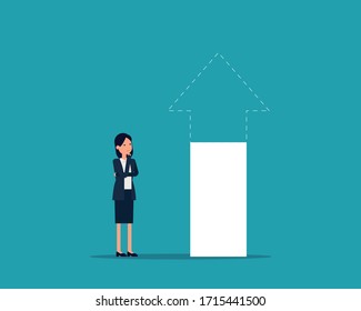 A businesswoman who is struggling with the situation ahead. Arrow with direction, Business emptiness
