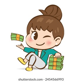 A businesswoman who works until her own success. A woman who is rich on a pile of money in outline cartoon style.