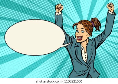 businesswoman winner hand gesture up. Pop art retro vector illustration vintage kitsch drawing