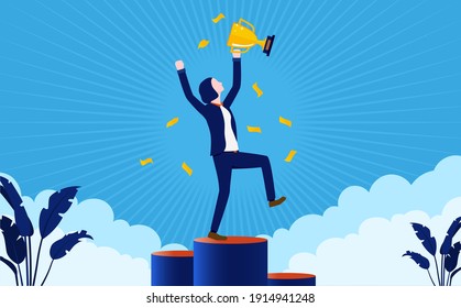 Businesswoman winner - Woman standing on podium, cheering with trophy in hand. Celebrating victory and success concept. Vector illustration.